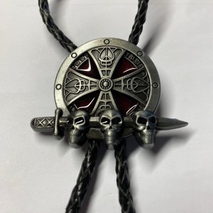 3 skulls shield bolo tie